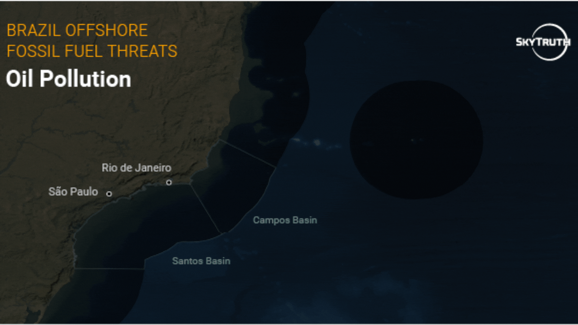 Animated GIF of a map graphic from the report, showing oil pollution off the coast of Brazil. Data points animate in along with the text “179 Oil slicks, 48 infrastructure slicks, 131 vessel slicks”