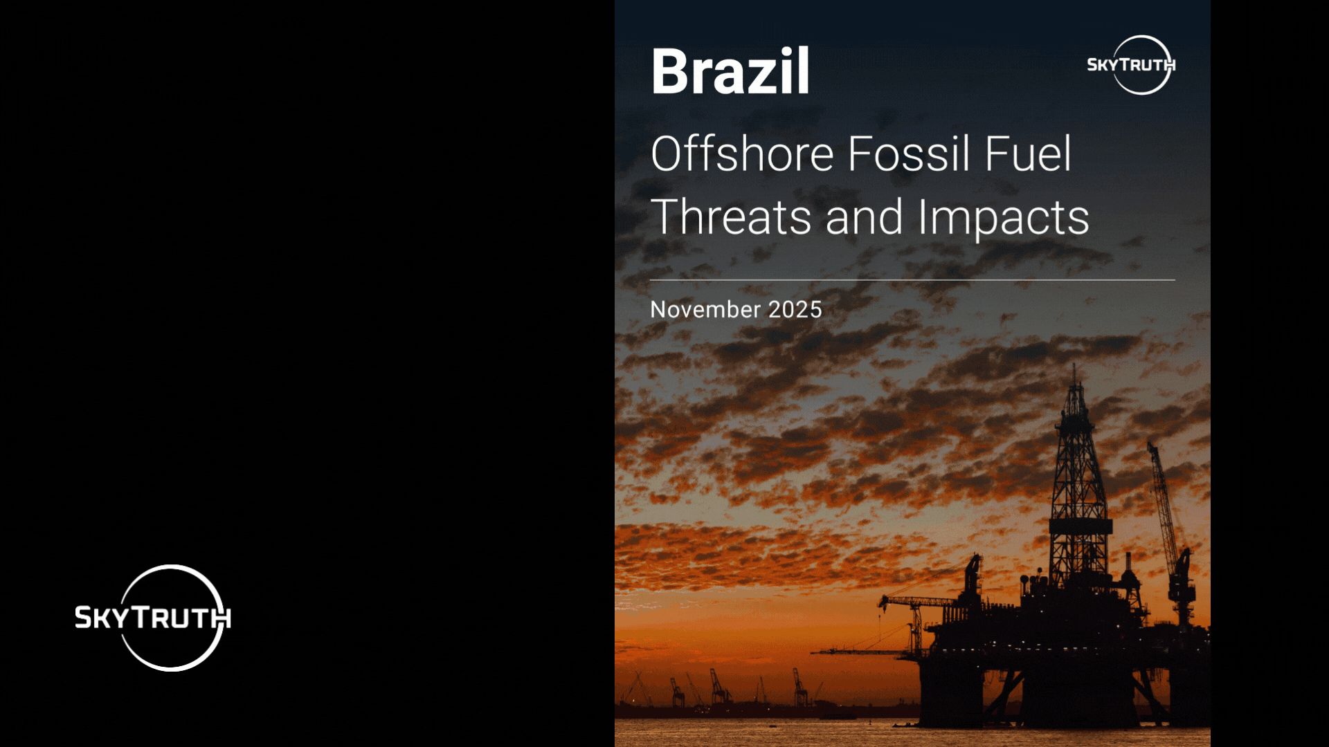 An animated GIF with a black background. “2025” is in white text at top left, with the SkyTruth logo beneath in white. Four images appear in sequence on the right, showing the cover of the Brazil report, a photo of CEO John Amos as recognized on the Forbes Sustainability Leaders List, an Anthem Awards Winner announcement graphic, and a group photo of the SkyTruth team. 