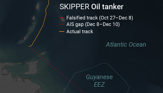 A map graphic in dark tones shows the Atlantic coast of Guyana and surrounding countries. The map includes the actual and falsified tracks of a tanker, as well as an AIS gap. A header reads “October 27 - December 12 SKIPPER Oil tanker” in white text at top with a map key beneath.