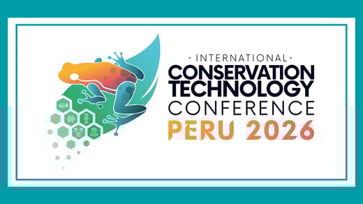 Graphic shows the logo for the International Conservation Technology Conference against a teal background. The logo shows an illustration of an orange and blue tree frog on the left. The frog is perched on a teal and green leaf, which is breaking into smaller hexagon-shaped pieces at the bottom with white tech-related icons on each. 