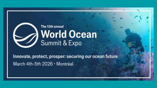 Graphic shows a tile for the World Ocean Summit. Its logo is shown in while on the left, superimposed over an underwater photo of a scuba diver in a coral reef on the right side. The tile is centered over a teal background, and white text under the logo reads “Innovate, protect, prosper: securing our ocean future, March 4th-5th 2026, Montreal.” 