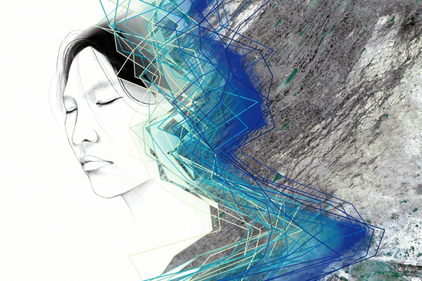 An animated digital self-portrait overlaid with a series of colored lines depicting sea level rise and a time-lapse of sea level rise over a satellite image.