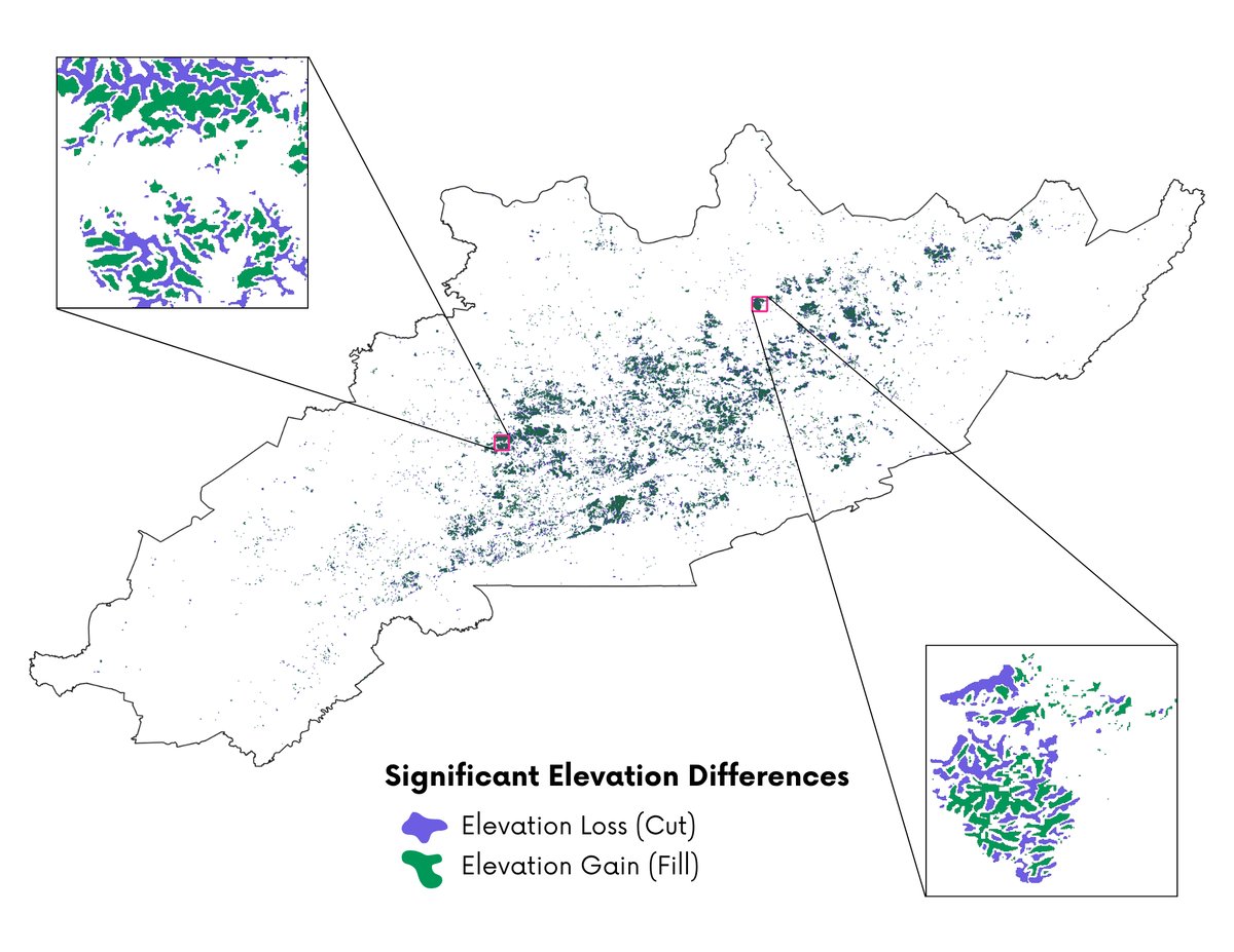  simple map of Central Appalachia, outlined in black, shows ridge cuts in purple and valley fills in green. Two callout boxes, at top left and bottom right, show area detail. A key, at bottom center, is titled “Significant Elevation Differences,” with a purple mark next to “Elevation Loss (Cut)” and a green mark next to “Elevation Gain (Fill).”
