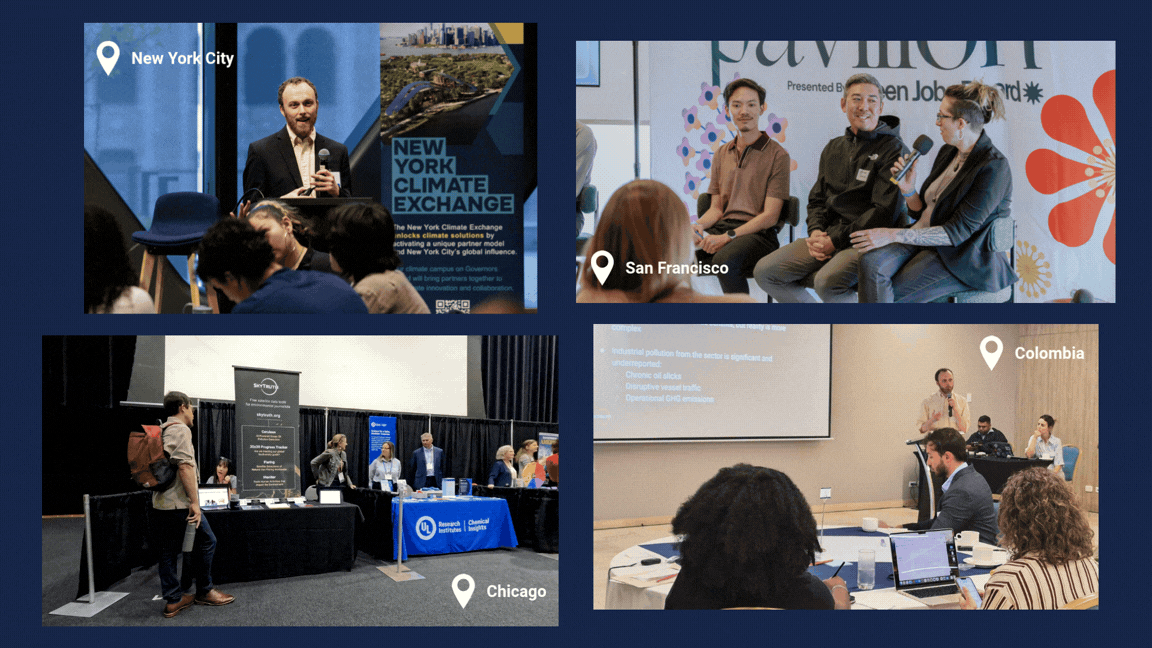 A collage of 3 images and an animated GIF showing SkyTruth staff members at different events, with a white map pin and text overlaid on each showing the location. From top left, clockwise, New York City, San Francisco, Colombia, and Chicago. 