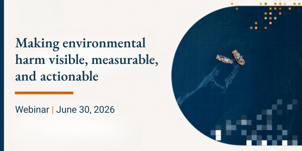 Opening webinar slide. A cream-colored background with the SkyTruth logo is in the top left corner. The title "Making environmental harm visible, measurable, and actionable" is under the logo, and an aerial photo of two ships with an oil slick visible on the water beneath them is on the right side.