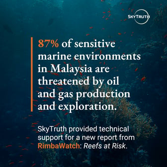 A graphic showing a photo of underwater coral in the background. The SkyTruth logo is in the top right corner. White text overlay in the center reads "87% of sensitive marine environments in Malaysia are threatened by oil and gas production and exploration.  SkyTruth provided technical support for a new report from RimbaWatch: Reefs at Risk."