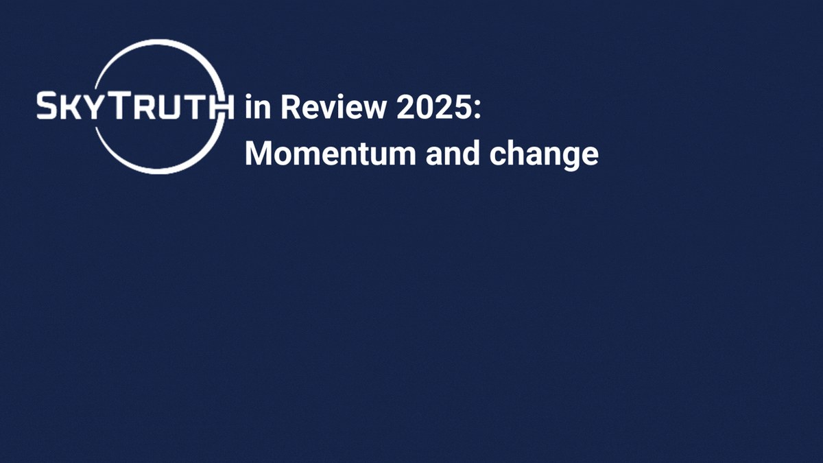 An animated graphic shows an orange upward-trending arrow rising over a dark blue background. A white SkyTruth logo at the top left introduces white text that reads “In review 2025: Momentum and change, Free webinar, Wednesday, Feb. 11, 2:00 PM ET)