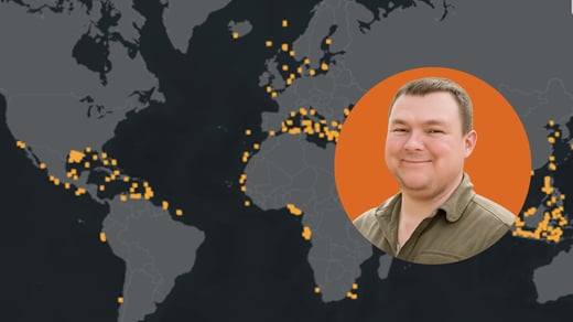 Screenshot of Cerulean with a headshot of Aemon in an orange circle cutout overlaid on the right side of the map.